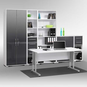 Büromöbel Komplettset in Weiß Hochglanz und Grau Made in Germany (sechsteilig)