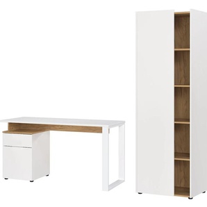 Büromöbel-Set ANDAS Njavve bestehend aus Schreibtisch Arbeitsmöbel-Sets Gr. B/H/T: 217 cm x 188 cm x 61 cm, weiß (weiß, navarra, eiche, nachbildung) Büromöbel-Sets