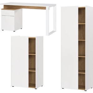 Büromöbel-Set ANDAS Njavve bestehend aus Schreibtisch Arbeitsmöbel-Sets Gr. B/H/T: 294 cm x 188 cm x 61 cm, weiß (weiß, navarra, eiche, nachbildung) Büromöbel-Sets