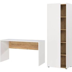 Büromöbel-Set ANDAS Njavve bestehend aus Wangenschreibtisch Arbeitsmöbel-Sets Gr. B/H/T: 217 cm x 188 cm x 60 cm, weiß (weiß, navarra, eiche, nachbildung) Büromöbel-Sets