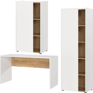 Büromöbel-Set ANDAS Njavve bestehend aus Wangenschreibtisch Arbeitsmöbel-Sets Gr. B/H/T: 294 cm x 188 cm x 60 cm, weiß (weiß, navarra, eiche, nachbildung) Büromöbel-Sets