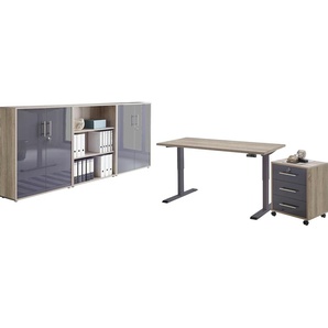 Büromöbel-Set BMG MÖBEL Tabor Arbeitsmöbel-Sets grau (eiche sonoma, anthrazit hochglanz) Büromöbel-Sets mit elektrisch höhenverstellbarem Schreibtisch