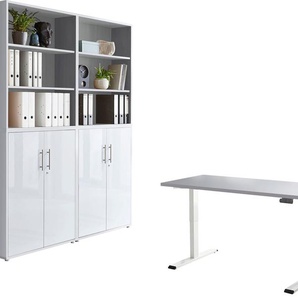 Büromöbel-Set BMG MÖBEL Tabor Arbeitsmöbel-Sets grau (lichtgrau, weiß hochglanz) Büromöbel-Sets