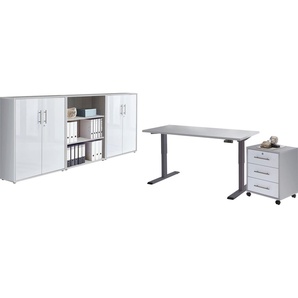 Büromöbel-Set BMG MÖBEL Tabor Arbeitsmöbel-Sets grau (lichtgrau, weiß hochglanz) Büromöbel-Sets
