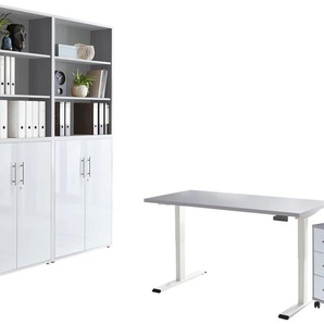 Büromöbel-Set BMG MÖBEL Tabor Arbeitsmöbel-Sets grau (lichtgrau, weiß hochglanz) Büromöbel-Sets mit elektrisch höhenverstellbarem Schreibtisch