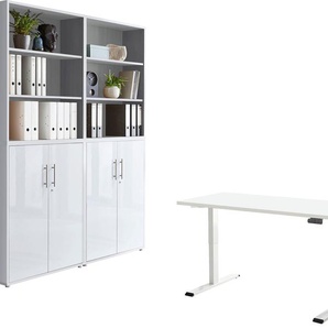 Büromöbel-Set BMG MÖBEL Tabor Arbeitsmöbel-Sets grau (lichtgrau, weiß hochglanz, tisch weiß) Büromöbel-Sets mit elektrisch höhenverstellbarem Schreibtisch