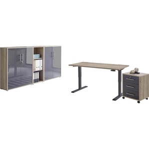 Büromöbel-Set BMG MÖBEL Tabor Arbeitsmöbel-Sets grau (eiche sonoma, anthrazit hochglanz) Büromöbel-Sets mit elektrisch höhenverstellbarem Schreibtisch