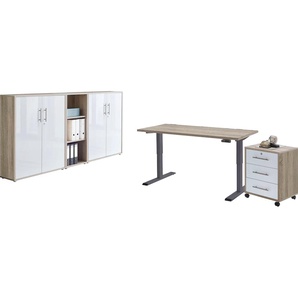 Büromöbel-Set BMG MÖBEL Tabor Arbeitsmöbel-Sets weiß (eiche sonoma, hochglanz) Büromöbel-Sets mit elektrisch höhenverstellbarem Schreibtisch