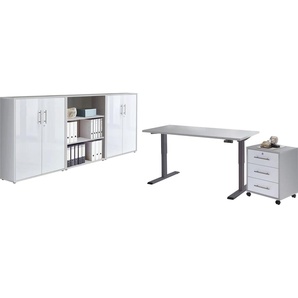 Büromöbel-Set BMG MÖBEL Tabor Arbeitsmöbel-Sets weiß (lichtgrau, matt) Büromöbel-Sets mit elektrisch höhenverstellbarem Schreibtisch