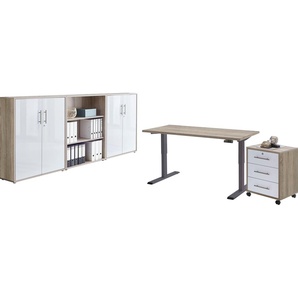 Büromöbel-Set BMG MÖBEL Tabor Arbeitsmöbel-Sets weiß (eiche sonoma, matt) Büromöbel-Sets mit elektrisch höhenverstellbarem Schreibtisch