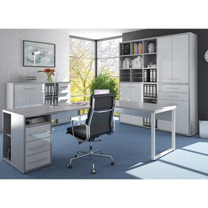 Büromöbel Set in Weiß und Grau Made in Germany (dreiteilig)