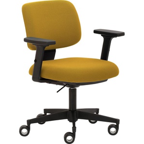 Bürostuhl MAYER SITZMÖBEL myMUSIC Stühle Gr. B/H: 65 cm x 74 cm, 1 St., Struktur (recyceltes Polyester) uni, 2D-Armlehnen-3D-Sitzkomfort für dynamisches Sitzen-Sitztiefenverstellung-Teppichbodenrollen mit Ring + Kunststoff, gelb (gelb, schwarz) Drehstühle