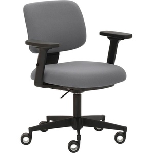Bürostuhl MAYER SITZMÖBEL myMUSIC Stühle Gr. B/H: 65 cm x 74 cm, 1 St., Struktur (recyceltes Polyester) uni, 2D-Armlehnen-3D-Sitzkomfort für dynamisches Sitzen-Sitztiefenverstellung-Teppichbodenrollen mit Ring + Kunststoff, grau (grau, schwarz) Drehstühle