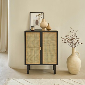 Buffet aus massivem Mangoholz schwarz und Rohrgeflecht 68 cm