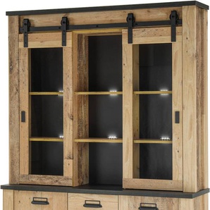 Buffet HOME AFFAIRE SHERWOOD Schränke Gr. B/H/T: 133 cm x 201 cm x 38 cm, 4 St., braun (old style hell dekor) Anrichten Buffets Holz Dekor, mit Scheunentorbeschlag und Apothekergriffen, Breite 133cm