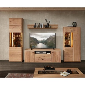 Cantus Wohnwand, Braun, Esche, Eiche Artisan, Metall, 4-teilig, Esche, Kork, massiv, 15 Fächer, 2 Schublade(n) Schubladen, 331x205x50 cm, Typenauswahl, Beimöbel erhältlich, Wohnzimmer, Wohnwände, Wohnwand-Sets