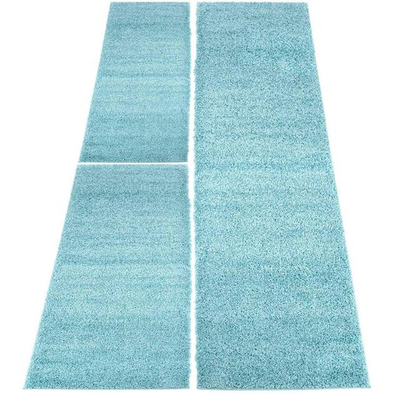 Carpet City Bettumrandung Shaggi uni 500, (3 tlg.), Wohnzimmer, Bettvorleger, Läufer-Set für das Schlafzimmer B/L (Brücke): 80 cm x 150 (2 St.) (Läufer): 300 (1 St.), rechteckig blau Bettumrandungen Läufer Teppiche