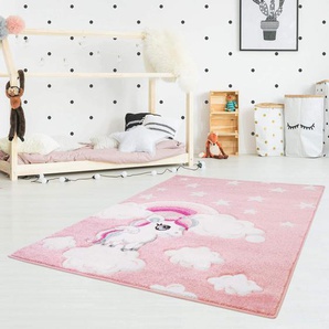 carpet city Kinderteppich Flachflor Bueno Konturenschnitt mit Einhorn Sterne Regenbogen in Rosa für Kinderzimmer, Größe: 120x170 cm