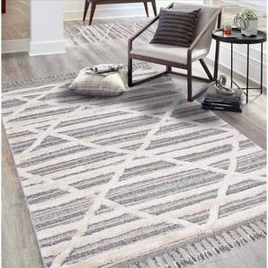Carpet City Hochflor-Teppich Valencia 810, rechteckig, Höhe: 20 mm, Läufer, Boho-Stil, 3D-Effekt, Raute, Hoch-Tief-Struktur, mit Fransen