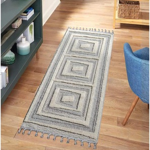 Carpet City Hochflor-Teppich VALENCIA 940, rechteckig, Höhe: 20 mm, Läufer, Boho-Stil, Hochtief-Muster/ 3D-Effekt, mit Fransen