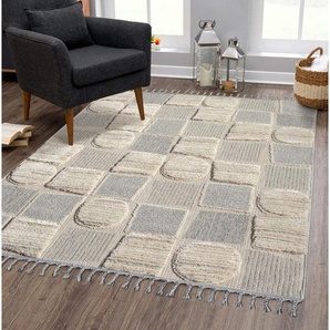 Carpet City Hochflor-Teppich VALENCIA 950, rechteckig, Höhe: 20 mm, Läufer, Boho-Stil, Hochtief-Muster/ 3D-Effekt, mit Fransen