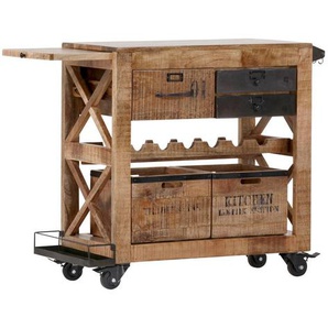 Carryhome Barwagen, Braun, Schwarz, Holz, Metall, Mangoholz, massiv, 3 Schubladen, 97x85x43 cm, Flaschenfach, ausziehbar, Esszimmer, Barmöbel,