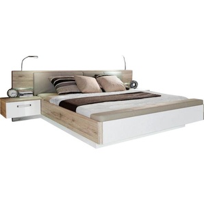 Carryhome Bettanlage, Eiche, Weiß Hochglanz, 180x200 cm, Beleuchtung, Schlafzimmer, Betten