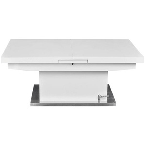 Carryhome Couchtisch , Weiß, Weiß Hochglanz , Metall, Glas , rechteckig , Bodenplatte , 70x50 cm , ausziehbar, höhenverstellbar , Wohnzimmer, Wohnzimmertische, Couchtische, Glas-Couchtische