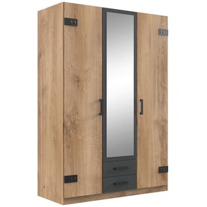 Carryhome Drehtürenschrank, Graphit, Plankeneiche, Kunststoff, 4 Fächer, 2 Schubladen, 135x199x58 cm, Made in Germany, Beimöbel erhältlich, in