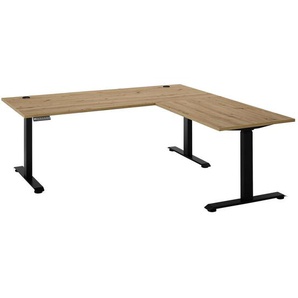 Carryhome Eckschreibtisch, Eiche Artisan, Holzwerkstoff, Kufe, Flachrohr, 180x74-127x100 cm, höhenverstellbar, Kabeldurchlass, Memoryschalter,