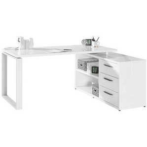 Carryhome Eckschreibtisch, Weiß Hochglanz, Metall, 3 Schubladen, Freiform, Kufe, 140x75x170 cm, ISO 9001, Fsc, Stauraum, seitenverkehrt montierbar,