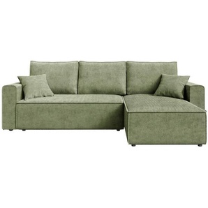 Carryhome Ecksofa, Salbeigrün, Textil, 3-Sitzer, Füllung: Schaumstoffflocken,Schaumstoffflocken, Ottomane rechts, seitenverkehrt montierbar, L-Form, 241x138 cm, Liegefunktion, Schlafen auf Sitzhöhe, Rücken echt, haustierfreundlicher Bezug, Wohnzimmer,