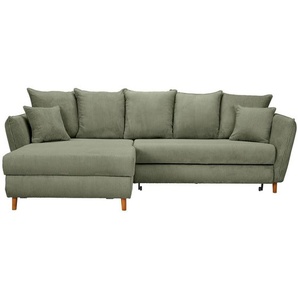 Carryhome Ecksofa, Salbeigrün, Textil, Eiche, massiv, 3-Sitzer, Füllung: Schaumstoff, L-Form, seitenverkehrt montierbar, Ottomane links, 284x162 cm, Made in EU, Liegefunktion, Rücken echt, Wohnzimmer, Sofas & Couches, Wohnlandschaften, Ecksofas