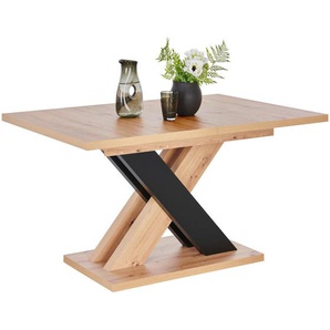 Carryhome Esstisch, Schwarz, Eiche Artisan, Holzwerkstoff, rechteckig, X-Form, 90x76x140-180 cm, ausziehbar, Esszimmer, Tische, Esstische, Esstische