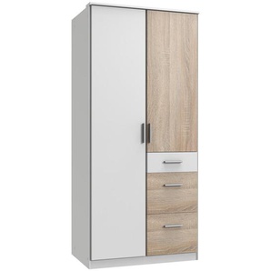 Carryhome Kleiderschrank, Weiß, Eiche, Holzwerkstoff, 3 Fächer, 3 Schubladen, 91x199x58 cm, Typenauswahl, Beimöbel erhältlich, umfangreiches Zubehör in verschiedenen Größen Holzdekoren erhältlich, Kinder- & Jugendzimmer, Jugendmöbel, Jugendkleiderschränke