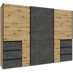 Carryhome Schwebetürenschrank, Dunkelgrau, Eiche Artisan, Holzwerkstoff, 3 Fächer, 6 Schubladen, 270x200x61 cm, Typenauswahl, in verschiedenen Größen