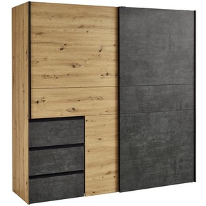 Carryhome Schwebetürenschrank, Dunkelgrau, Eiche Artisan, Holzwerkstoff, Betonoptik, 3 Fächer, 3 Schubladen, 200x200x61 cm, Typenauswahl, in