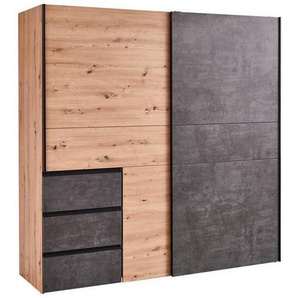 Carryhome Schwebetürenschrank, Dunkelgrau, Eiche Artisan, Holzwerkstoff, Betonoptik, 3 Fächer, 3 Schubladen, 200x200x61 cm, Typenauswahl, in verschiedenen Größen erhältlich, Schlafzimmer, Kleiderschränke, Schwebetürenschränke