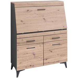 Carryhome Sekretär, Graphit, Eiche Artisan, Kunststoff, 2 Schubladen, 98x124x42 cm, Kabeldurchlass, Stauraum, Arbeitszimmer, Schreibtische, Sekretäre
