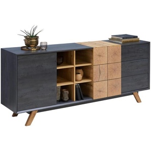 Carryhome Sideboard, Eiche, Dunkelgrau, Holzwerkstoff, Eiche, massiv, 3 Fächer, 3 Schubladen, 180x75x40 cm, Beimöbel erhältlich, Wohnzimmer, Kommoden