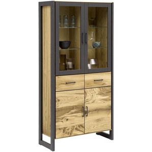 Carryhome Vitrine, Graphit, Alteiche, Metall, Eiche, furniert, 6 Fächer, 2 Schubladen, 98x199x40 cm, Typenauswahl, Beimöbel erhältlich, Holzmöbel, Holzschränke, Vitrinen Holz, Vitrinenschränke Holz