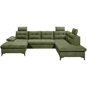 Carryhome Wohnlandschaft, Olivgrün, Textil, 6-Sitzer, U-Form, 324x218 cm, Liegefunktion, seitenverkehrt erhältlich, Schlafen auf Sitzhöhe, Rücken