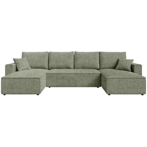 Carryhome Wohnlandschaft, Salbeigrün, Textil, 6-Sitzer, Füllung: Schaumstoffflocken,Schaumstoffflocken, U-Form, 305x140 cm, Liegefunktion, Schlafen auf Sitzhöhe, Rücken echt, haustierfreundlicher Bezug, Wohnzimmer, Sofas & Couches, Wohnlandschaften,