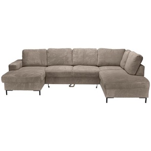 Carryhome Wohnlandschaft, Taupe, Textil, 5-Sitzer, Füllung: Schaumstoffflocken, Ottomane links, U-Form, 303x197 cm, Liegefunktion, seitenverkehrt