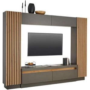 Carryhome Wohnwand, Anthrazit, Eiche Artisan, Holzwerkstoff, 8 Fächer, 2 Schubladen, 272.6x209.5x41.3 cm, Wohnzimmer, Wohnwände, Wohnwand-Sets