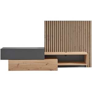 Carryhome Wohnwand, Grau, Eiche Artisan, Holzwerkstoff, 1 Fächer, 1 Schubladen, 288.5x152.5x42.5 cm, Wohnzimmer, Wohnwände, Wohnwand-Sets