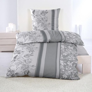 Casa Colori Biber-Bettwäsche mit Rosen grau/weiß 135 x 200 cm GLO706104104