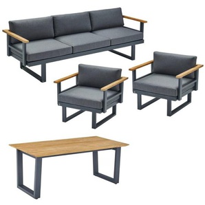 CASA DOMA Aragona/Falerna Loungeset 4-teilig, Aluminium/Edelstahl anthrazit mit Teak - 43 1712664-1712672-1712680-1712692-1712696-1712694-17