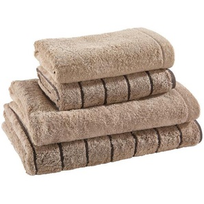 Cawoe Frottierset, Sand, Textil, 4-teilig, Streifen, Oeko-Tex® Standard 100, saugfähig, Aufhängeschlaufe, strapazierfähig, angenehm weich, hochwertige Qualität, Badtextilien, Handtuch-Sets