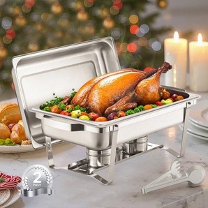 Chafing Dish Buffet Speisenwärmer (7,5 L), 2 Stk. mit 2 Pfannen in voller Größe, rechteckiger Catering-Wärmespender mit Deckel & Brennstoffhalter, für Hochzeiten Partys Bankette Silber ZFXBXGSTGK2J9NBC2V0